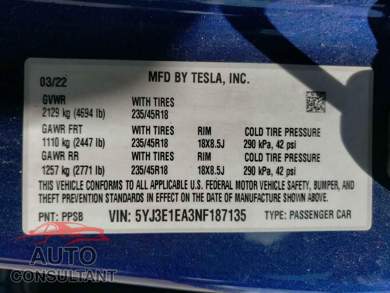 TESLA MODEL 3 2022 - 5YJ3E1EA3NF187135