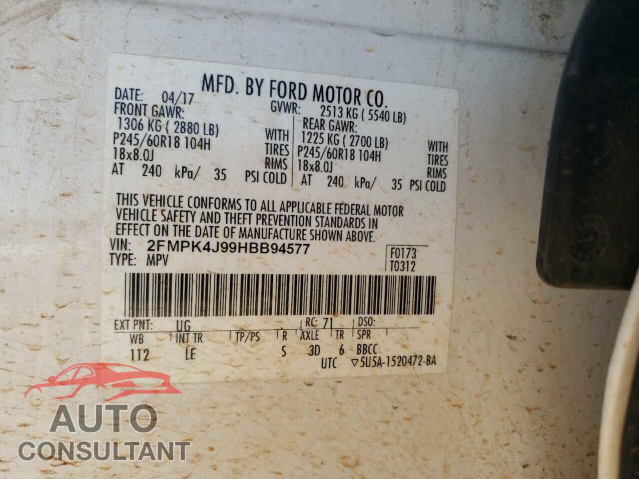 FORD EDGE 2017 - 2FMPK4J99HBB94577