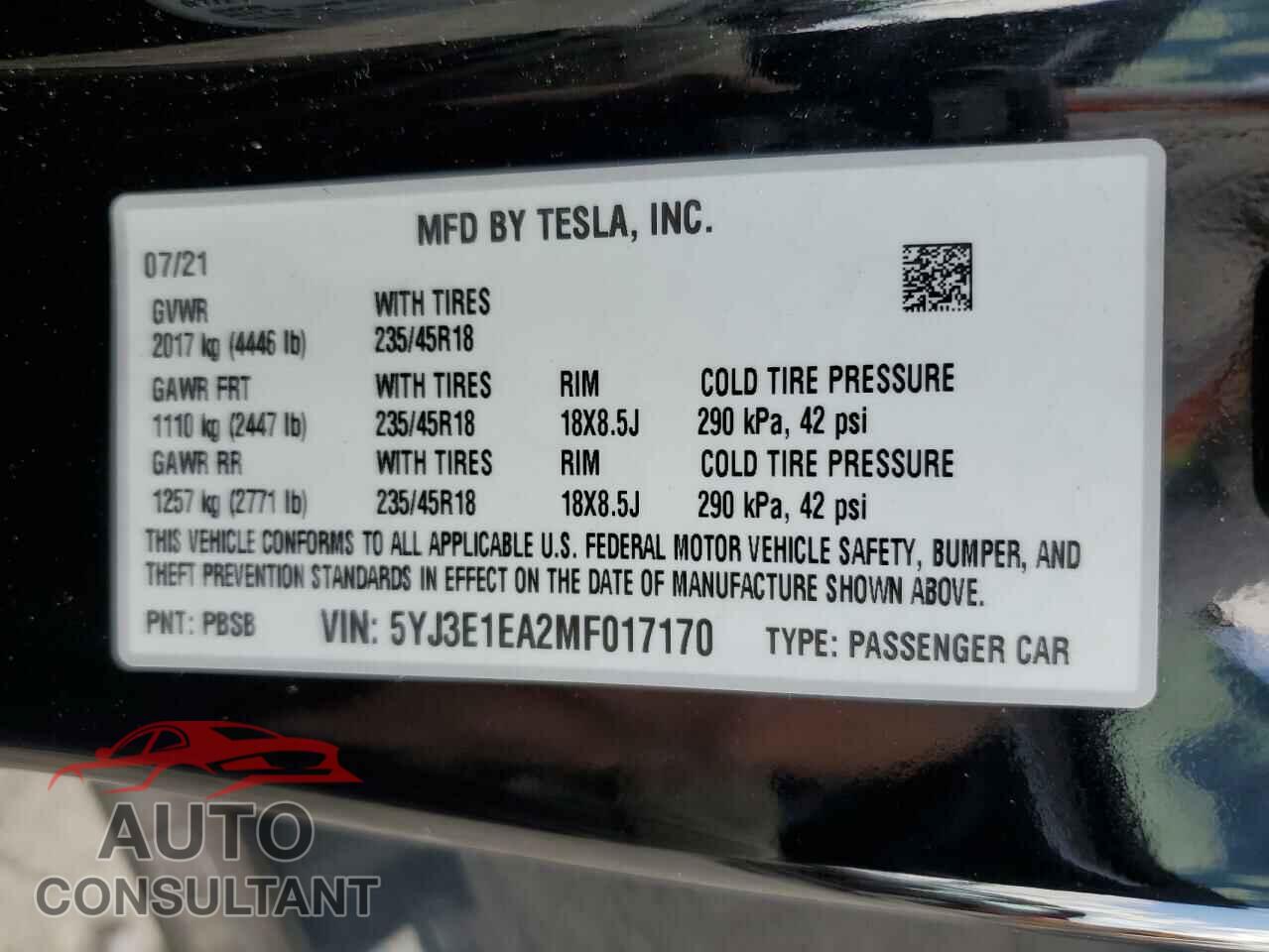 TESLA MODEL 3 2021 - 5YJ3E1EA2MF017170
