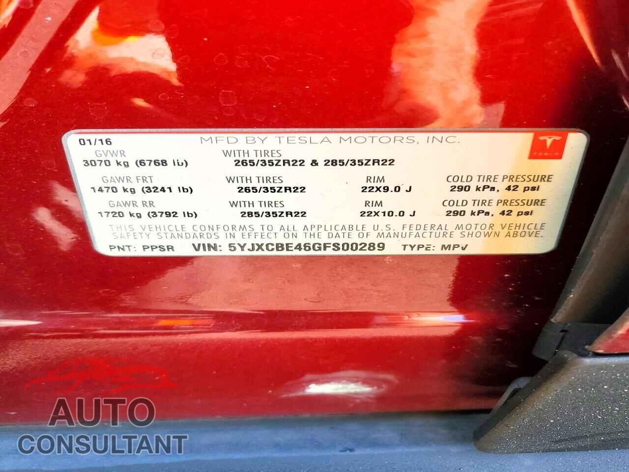 TESLA MODEL X 2016 - 5YJXCBE46GFS00289
