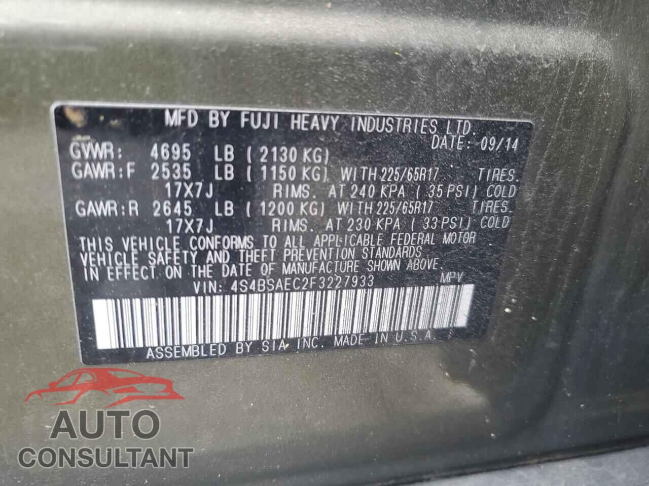 SUBARU OUTBACK 2015 - 4S4BSAEC2F3227933