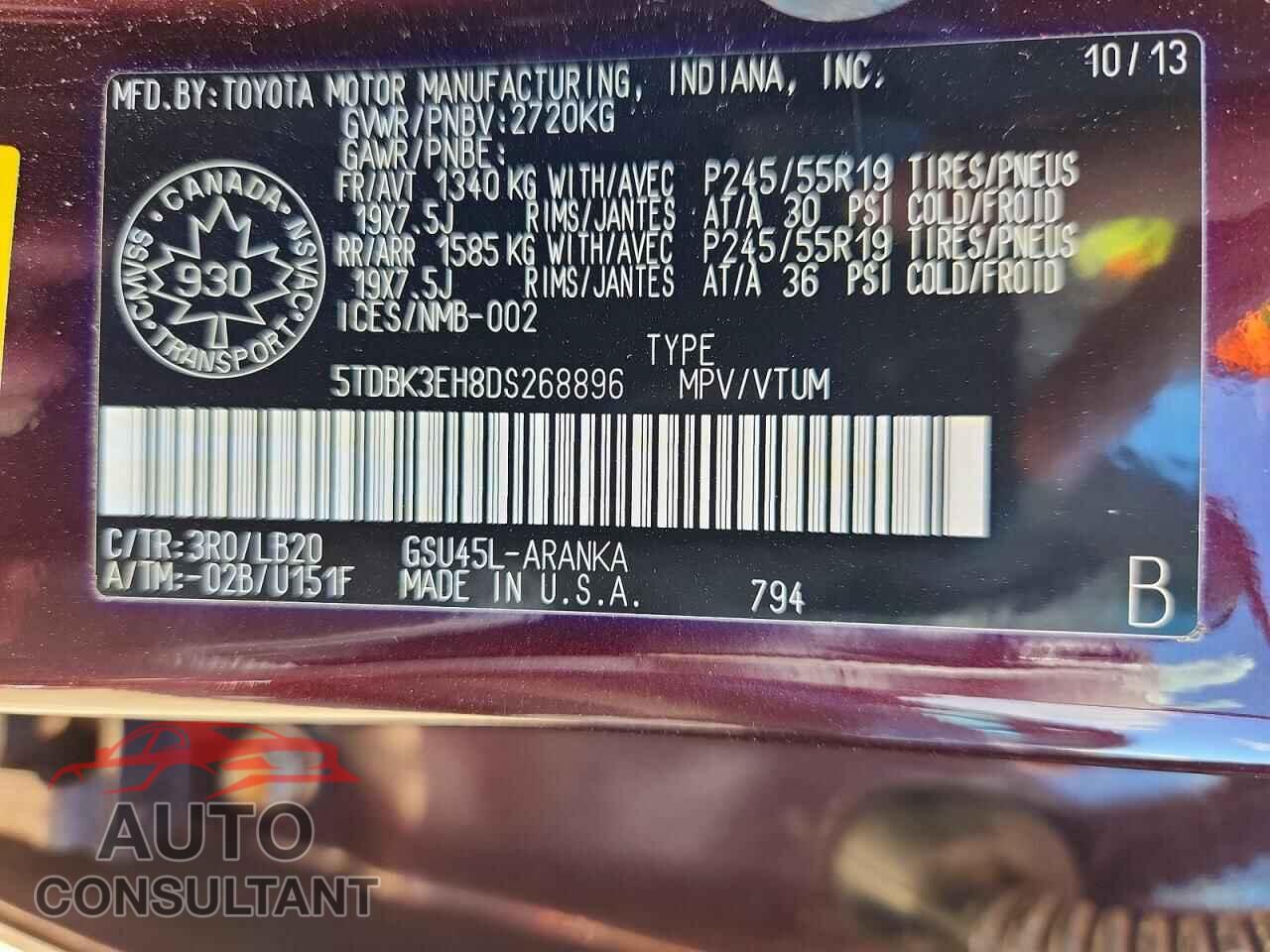 TOYOTA HIGHLANDER 2013 - 5TDBK3EH8DS268896