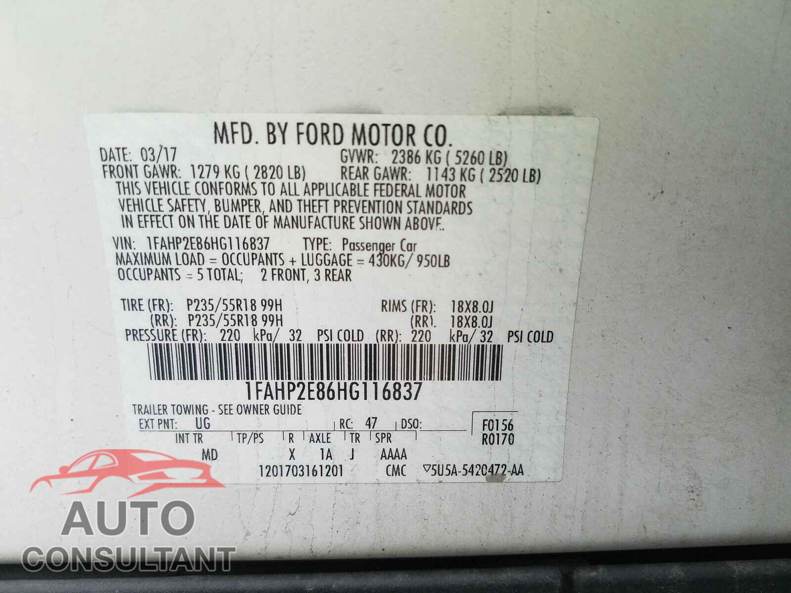 FORD TAURUS 2017 - 1FAHP2E86HG116837