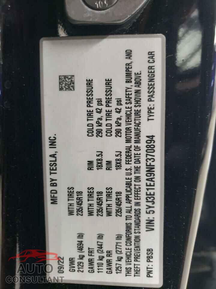 TESLA MODEL 3 2022 - 5YJ3E1EA9NF370894