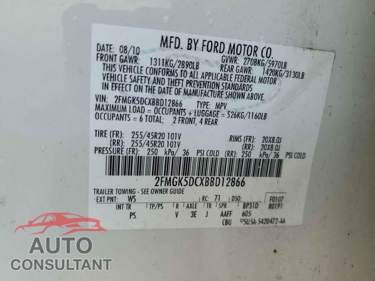 FORD FLEX 2011 - 2FMGK5DCXBBD12866