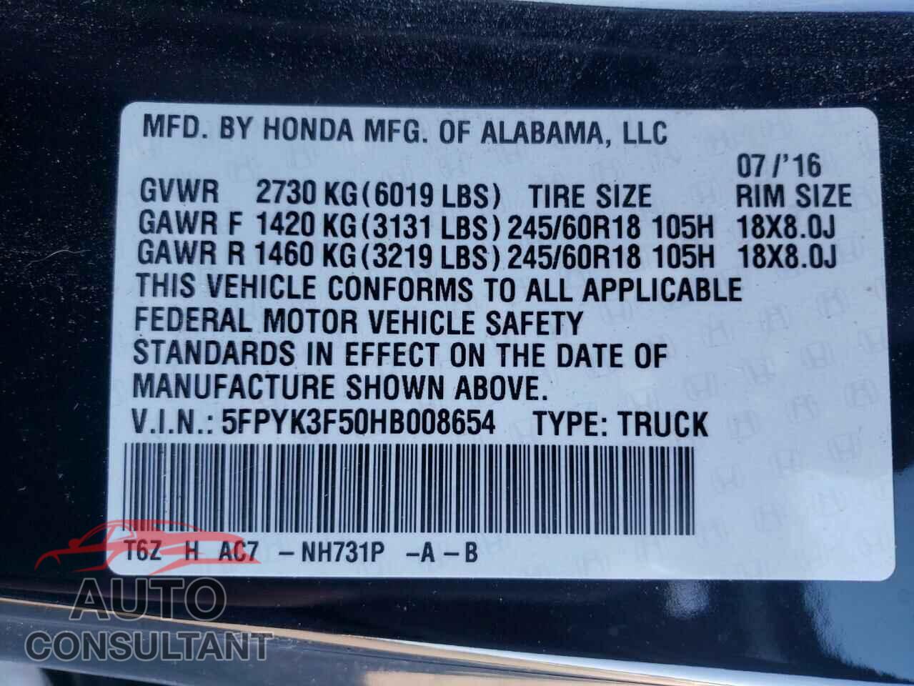 HONDA RIDGELINE 2017 - 5FPYK3F50HB008654
