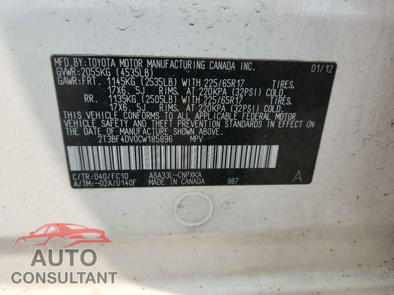 TOYOTA RAV4 2012 - 2T3BF4DV0CW185896