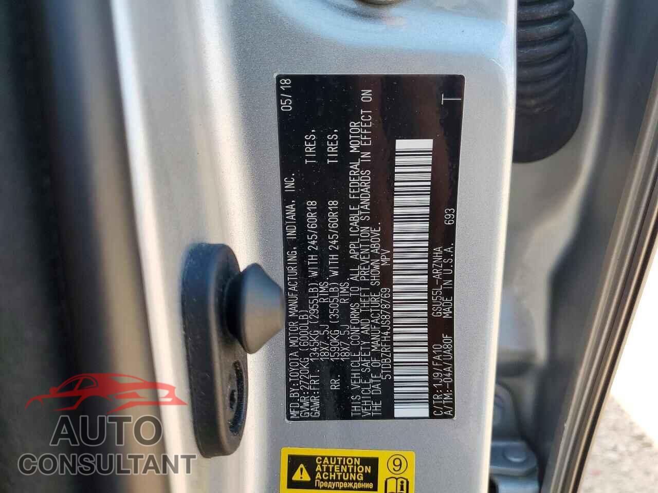 TOYOTA HIGHLANDER 2018 - 5TDBZRFH4JS878769