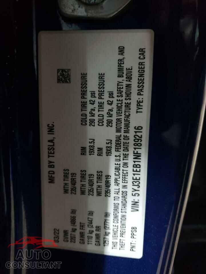 TESLA MODEL 3 2022 - 5YJ3E1EB1NF189216