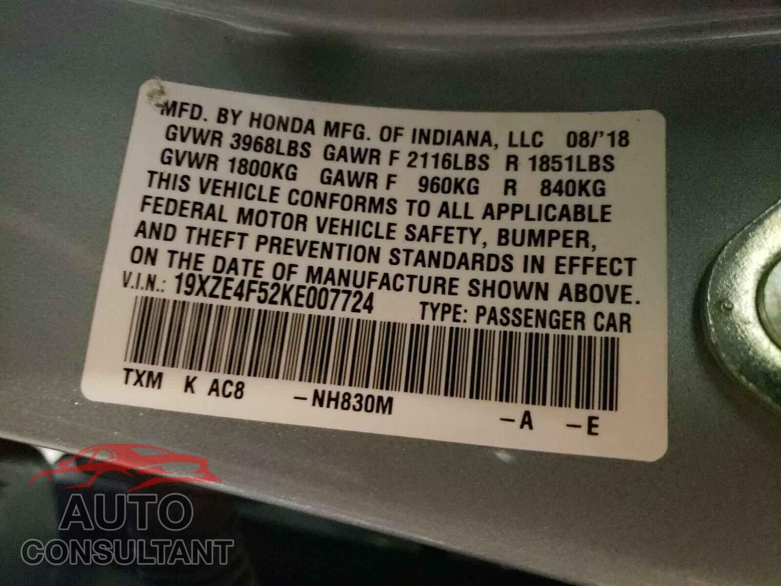 HONDA INSIGHT 2019 - 19XZE4F52KE007724