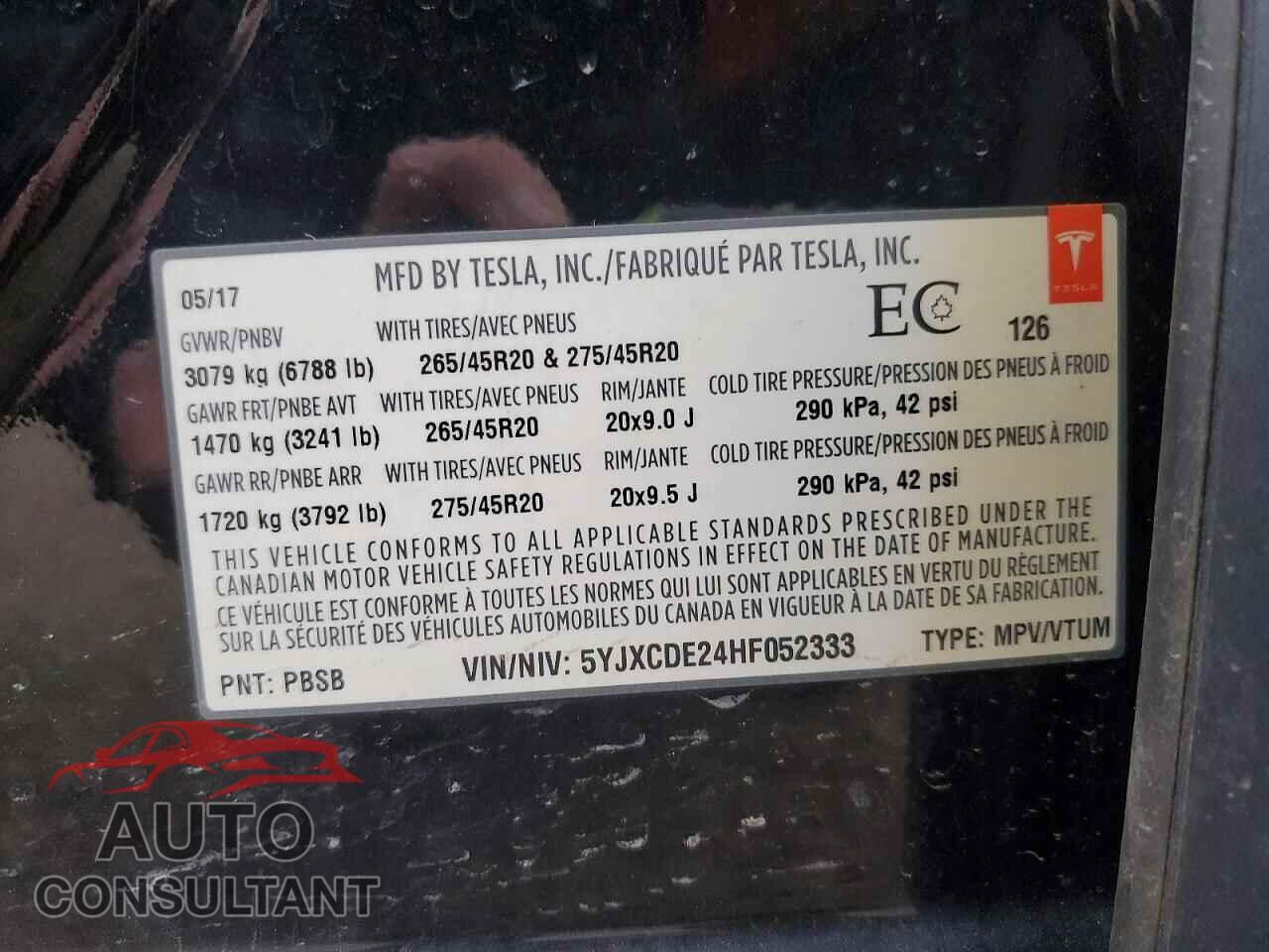 TESLA MODEL X 2017 - 5YJXCDE24HF052333