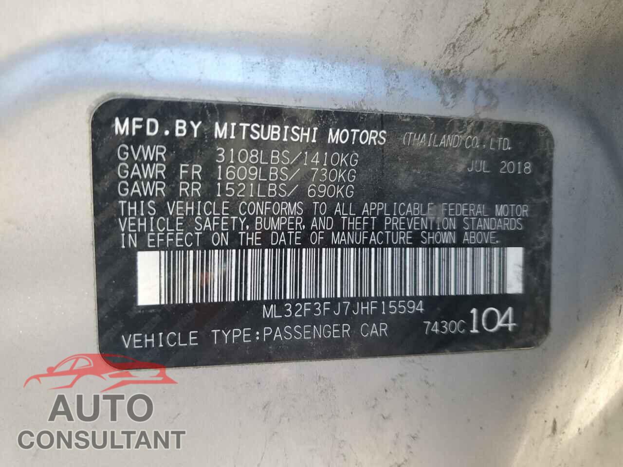 MITSUBISHI MIRAGE 2018 - ML32F3FJ7JHF15594