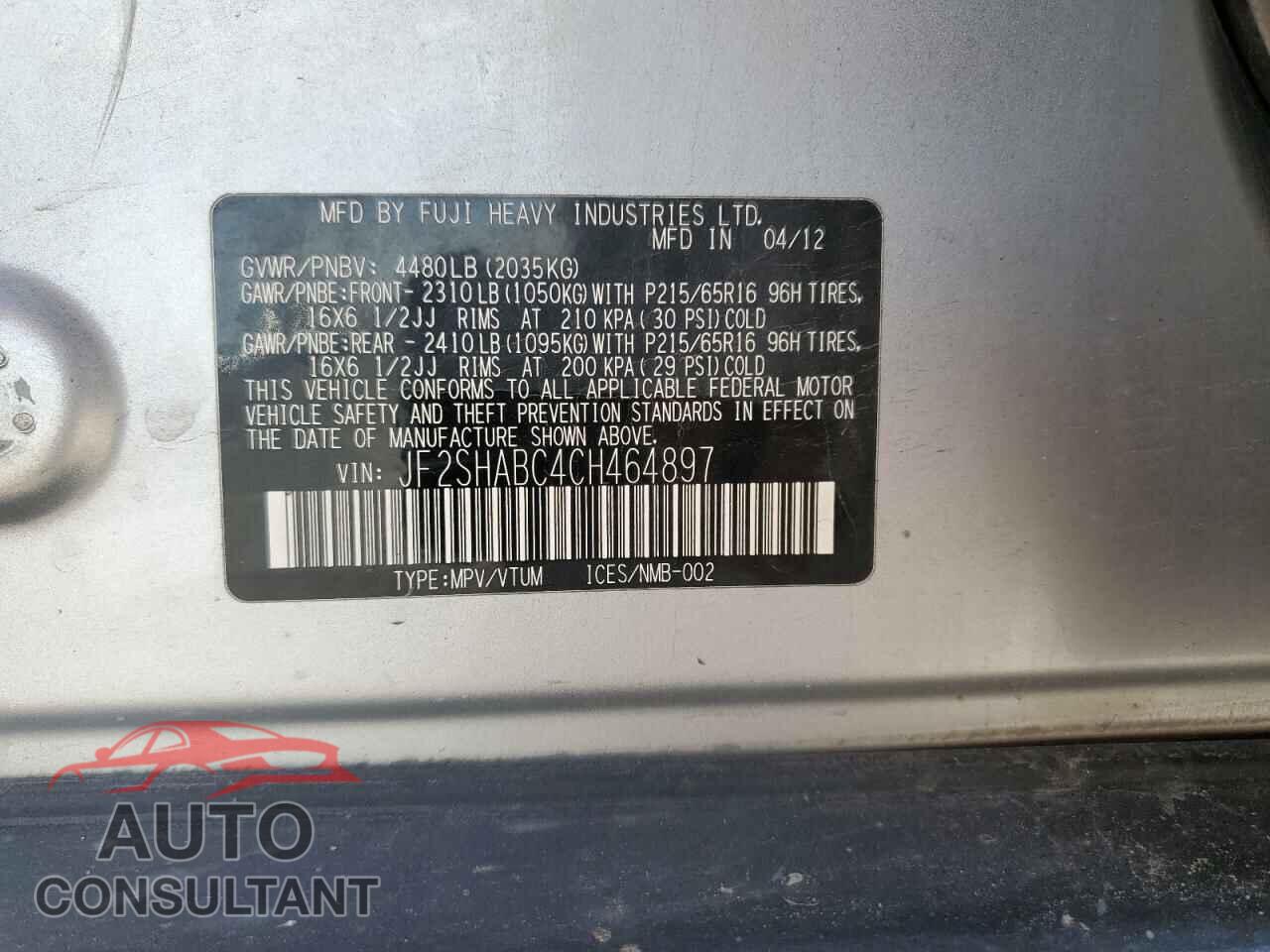 SUBARU FORESTER 2012 - JF2SHABC4CH464897