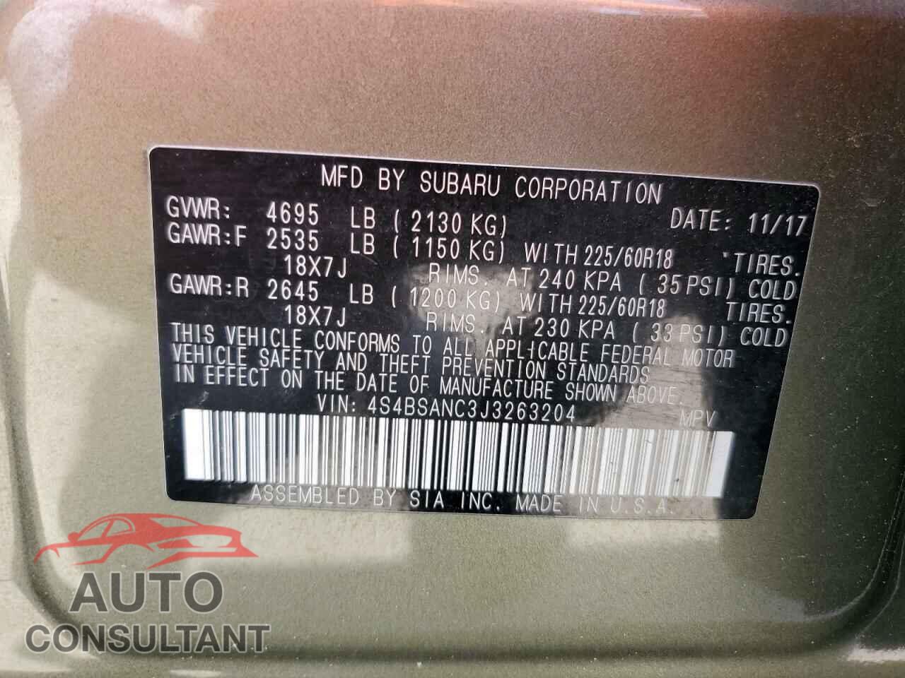 SUBARU OUTBACK 2018 - 4S4BSANC3J3263204