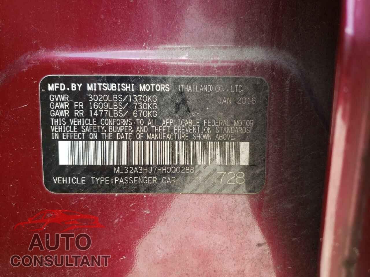 MITSUBISHI MIRAGE 2017 - ML32A3HJ7HH000288