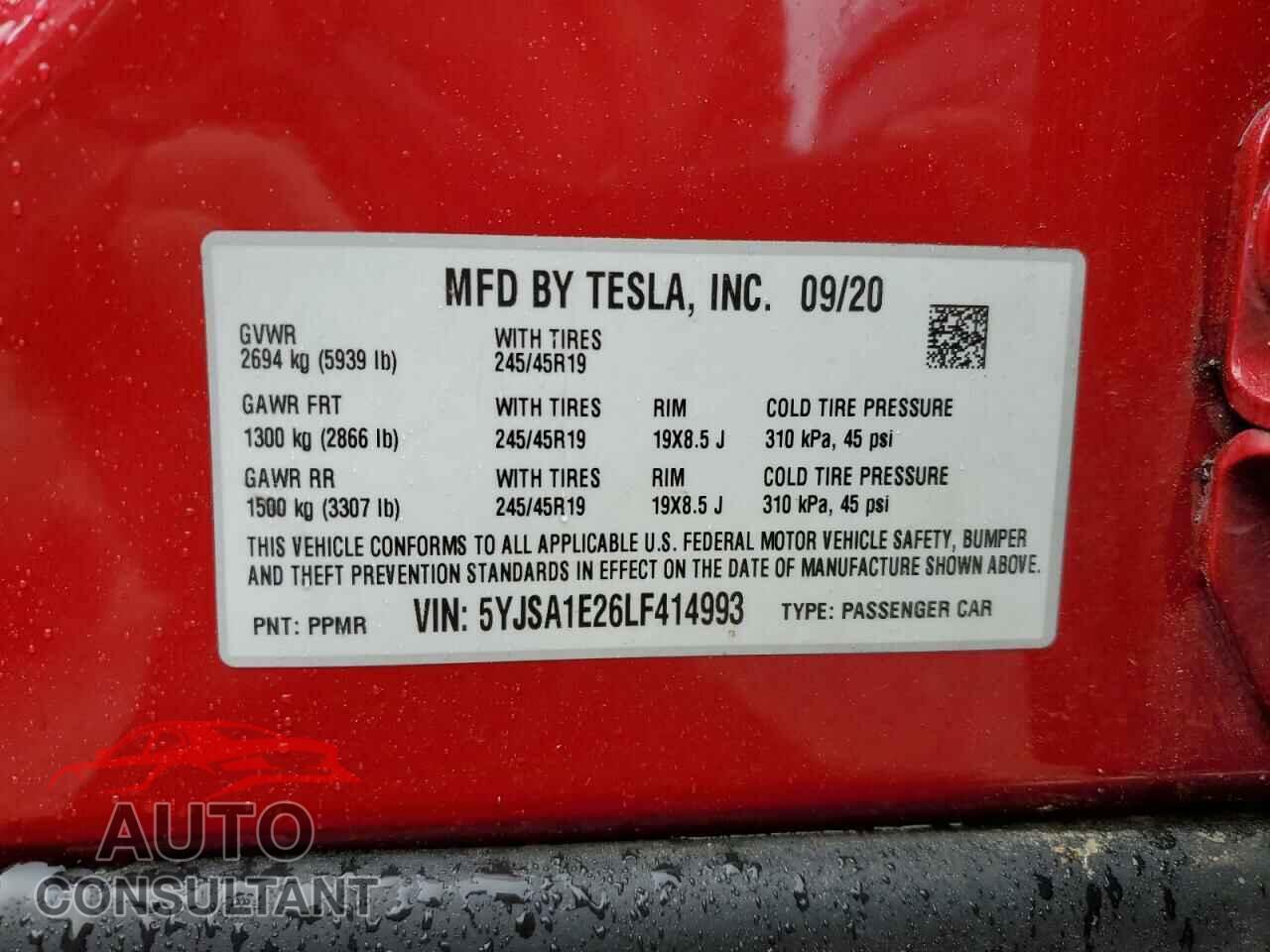TESLA MODEL S 2020 - 5YJSA1E26LF414993