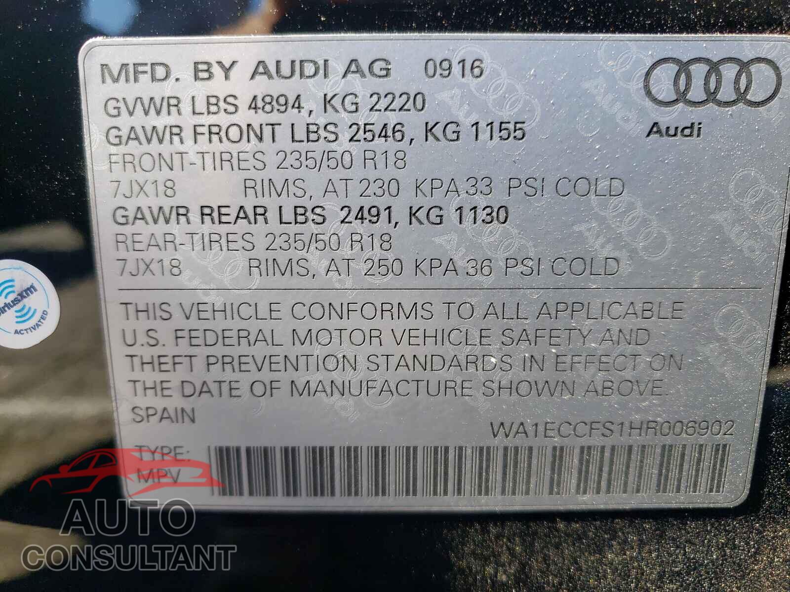 AUDI Q3 2017 - WA1ECCFS1HR006902