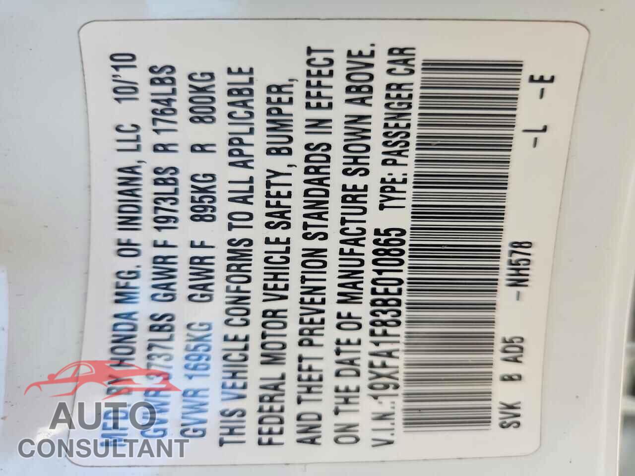 HONDA CIVIC 2011 - 19XFA1F83BE010865