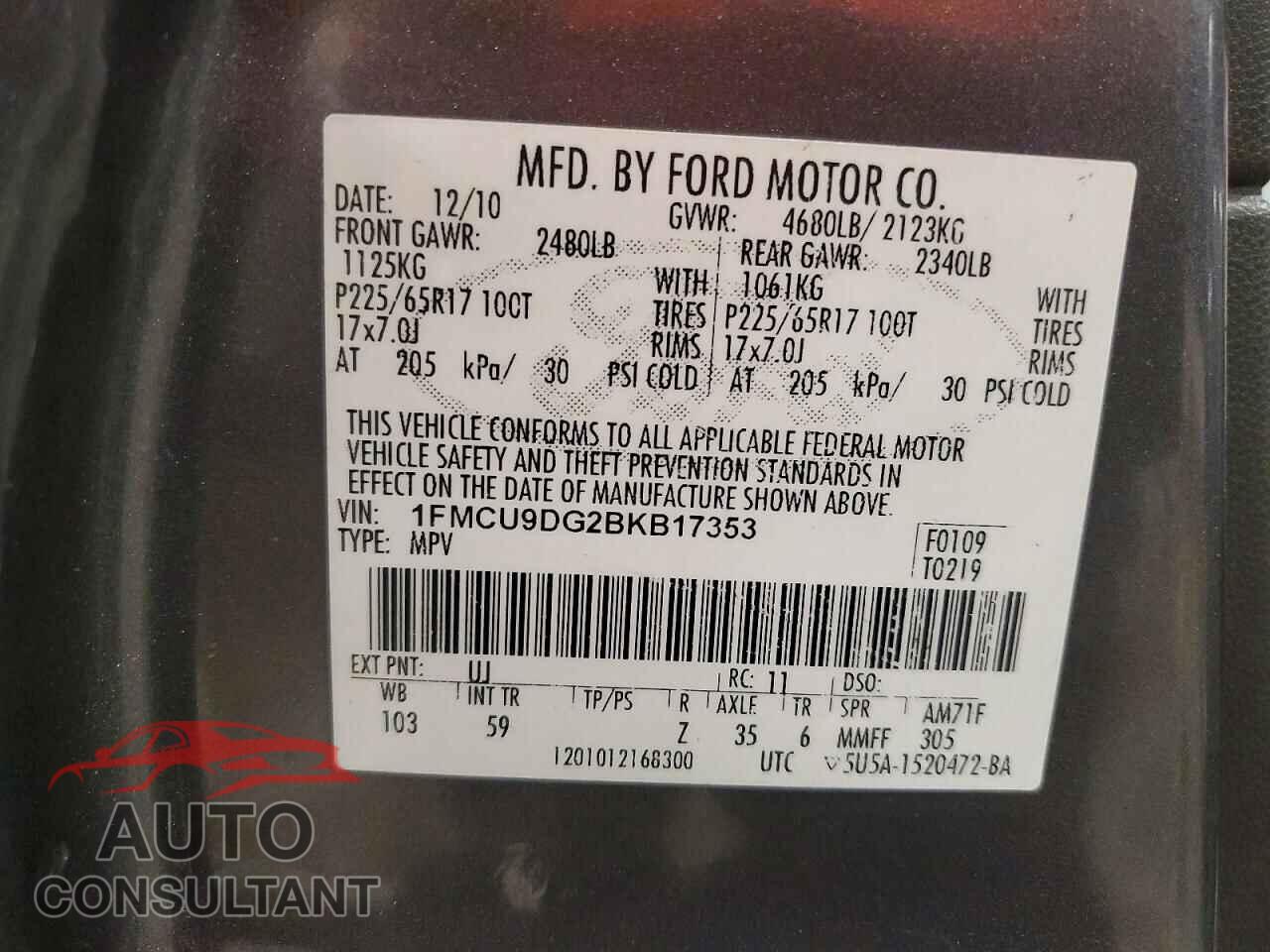 FORD ESCAPE 2011 - 1FMCU9DG2BKB17353