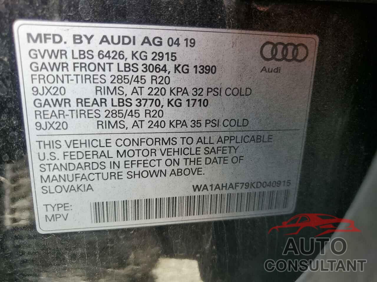 AUDI Q7 2019 - WA1AHAF79KD040915
