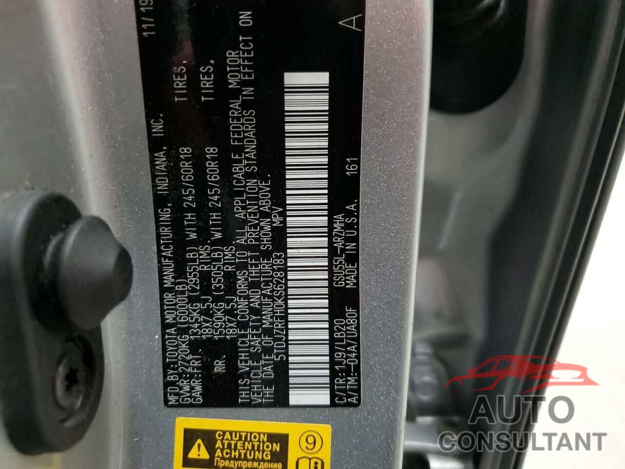 TOYOTA HIGHLANDER 2019 - 5TDJZRFH0KS628183