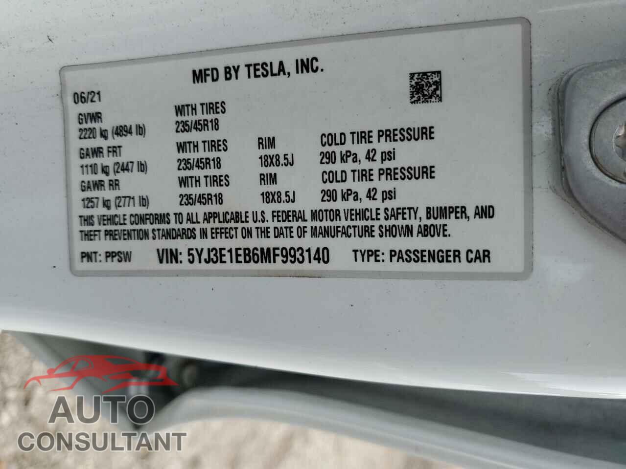 TESLA MODEL 3 2021 - 5YJ3E1EB6MF993140