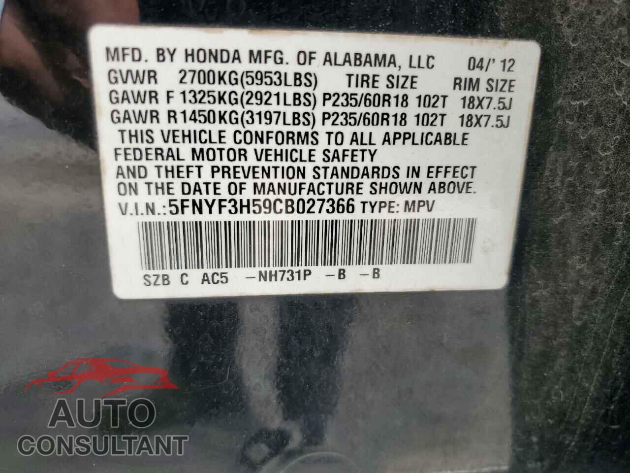 HONDA PILOT 2012 - 5FNYF3H59CB027366