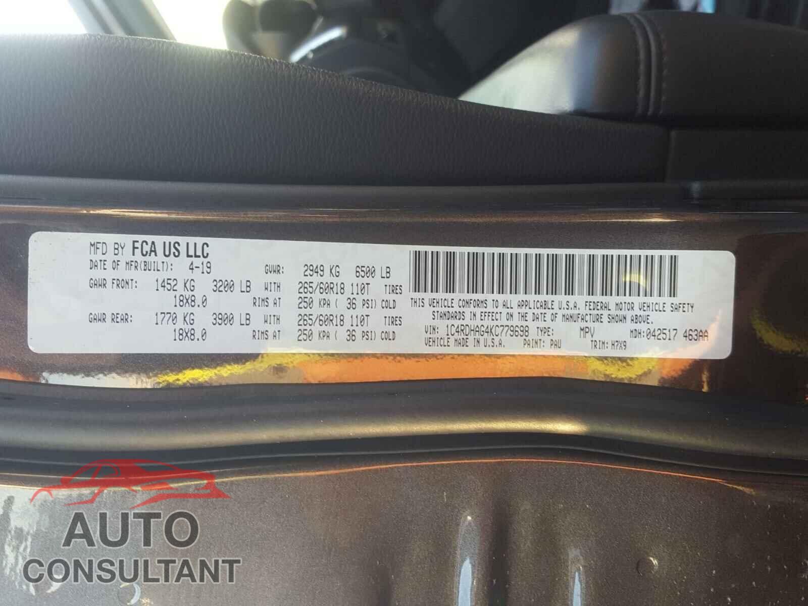 DODGE DURANGO 2019 - 1C4RDHAG4KC779698