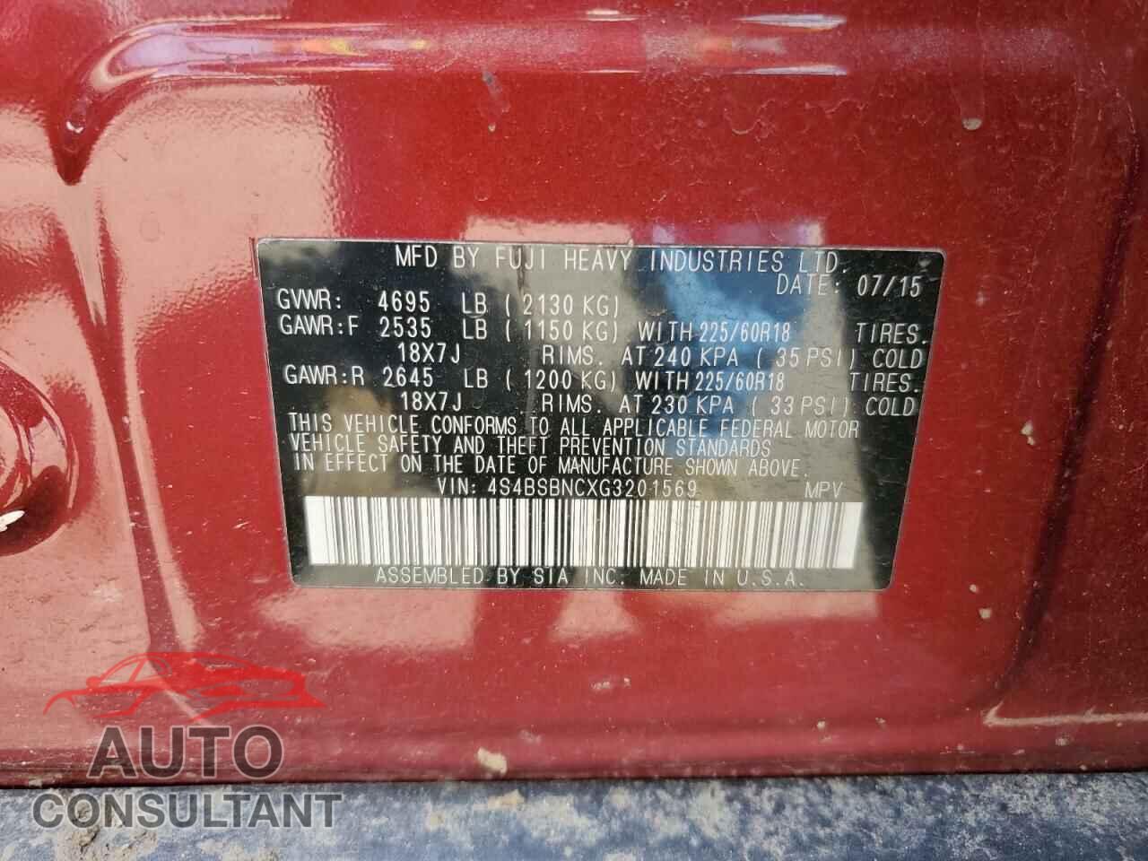 SUBARU OUTBACK 2016 - 4S4BSBNCXG3201569