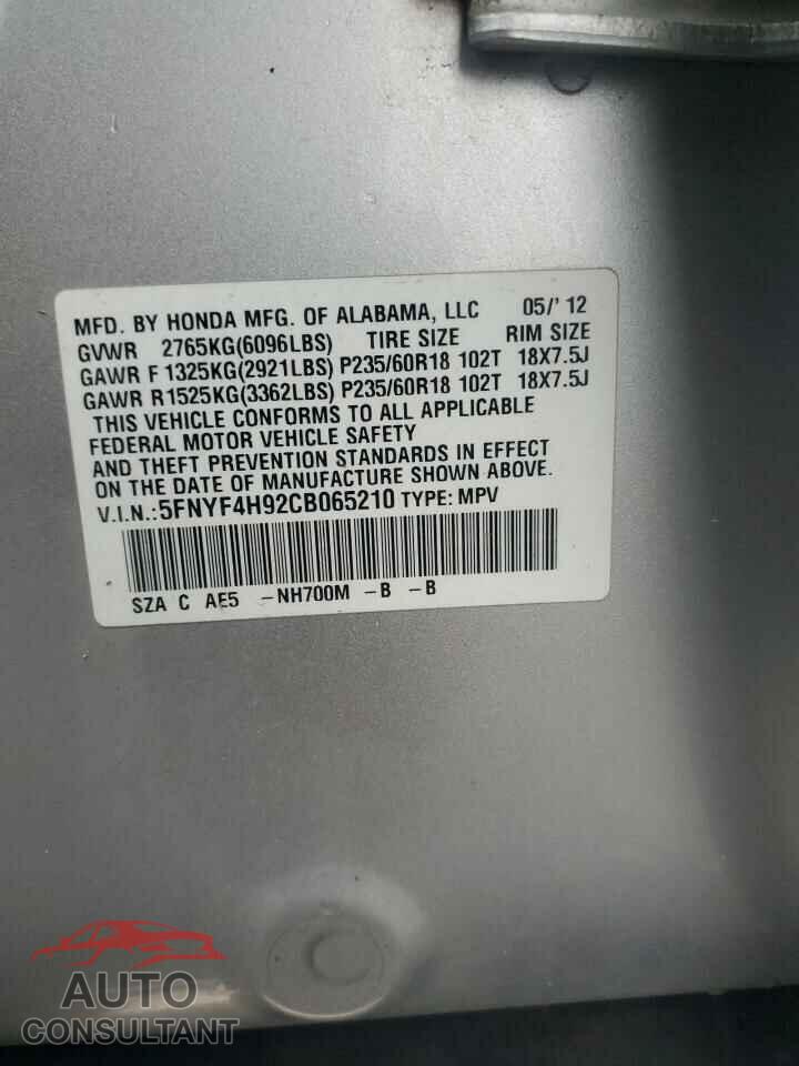 HONDA PILOT 2012 - 5FNYF4H92CB065210