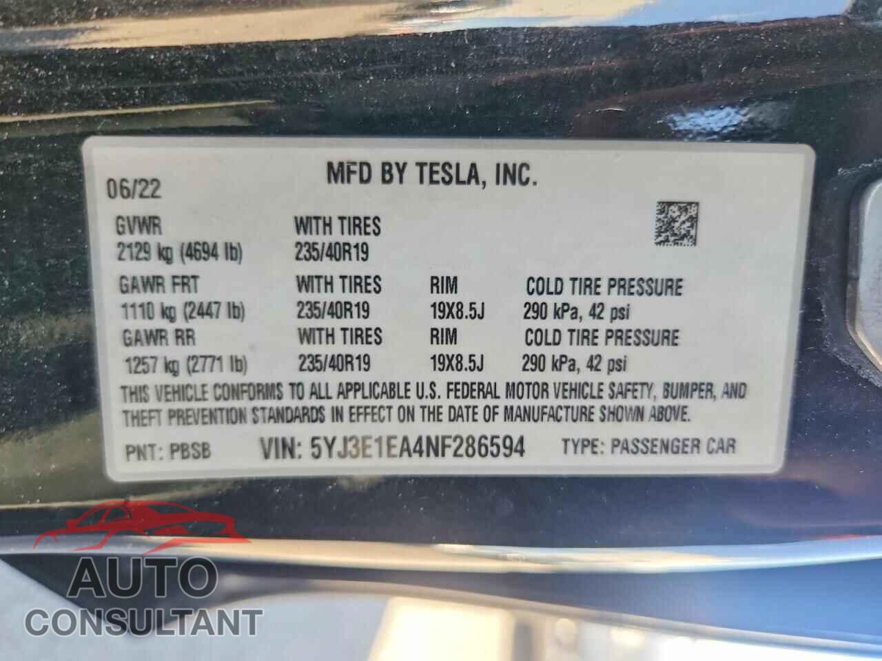 TESLA MODEL 3 2022 - 5YJ3E1EA4NF286594