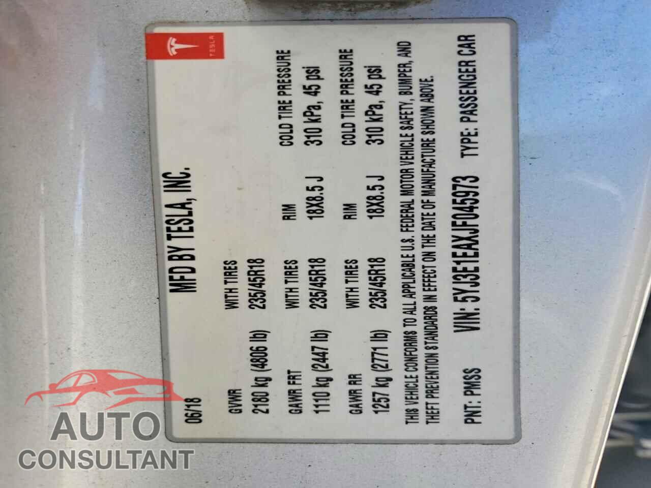 TESLA MODEL 3 2018 - 5YJ3E1EAXJF045973