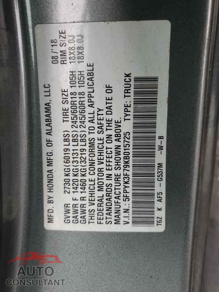 HONDA RIDGELINE 2019 - 5FPYK3F79KB015725