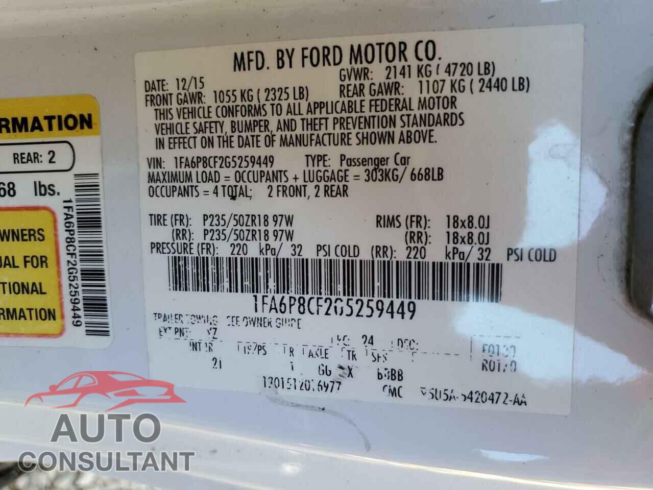 FORD MUSTANG 2016 - 1FA6P8CF2G5259449