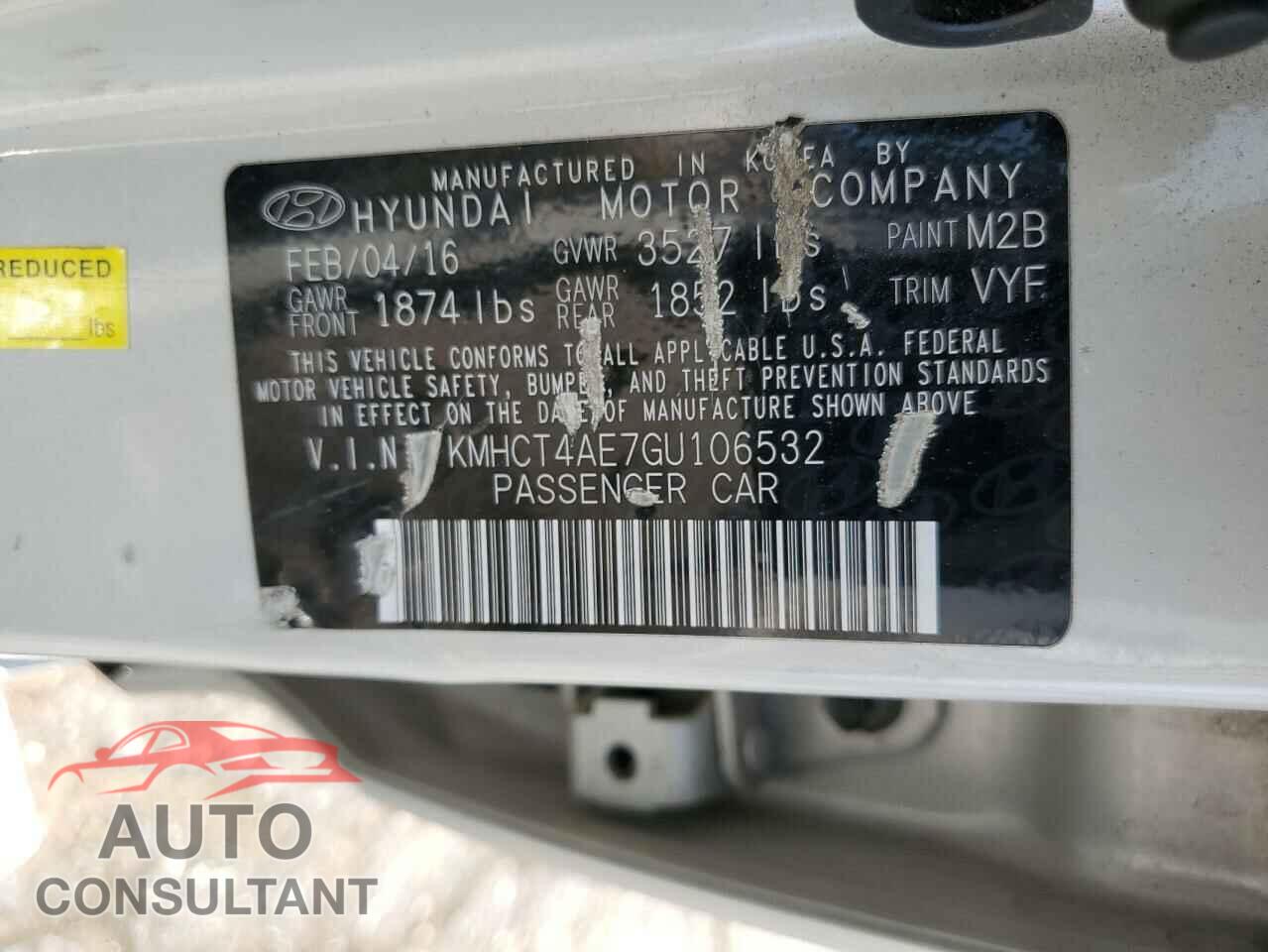 HYUNDAI ACCENT 2016 - KMHCT4AE7GU106532