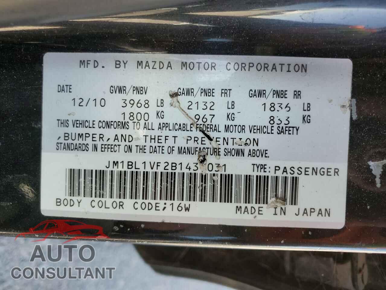MAZDA 3 2011 - JM1BL1VF2B1437031