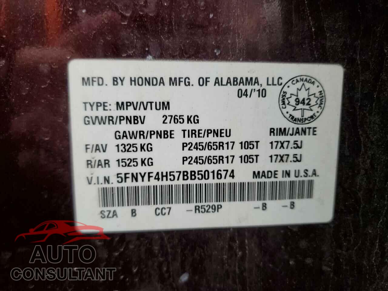 HONDA PILOT 2011 - 5FNYF4H57BB501674