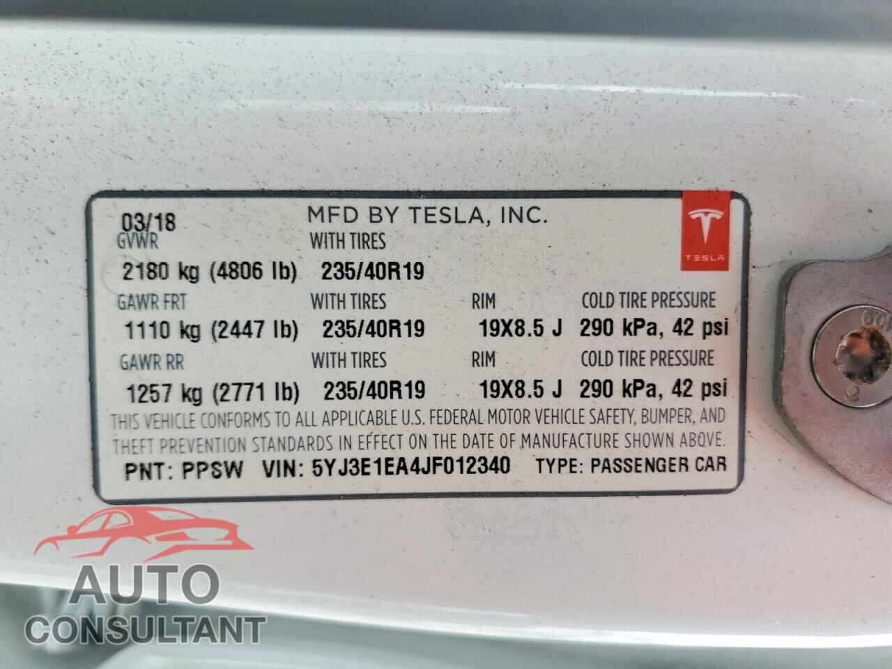 TESLA MODEL 3 2018 - 5YJ3E1EA4JF012340