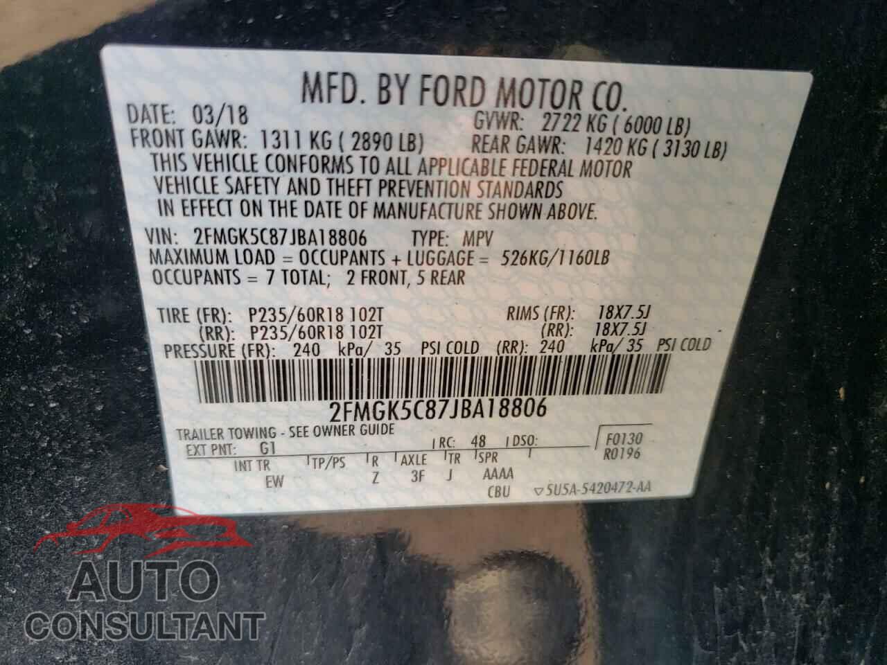 FORD FLEX 2018 - 2FMGK5C87JBA18806
