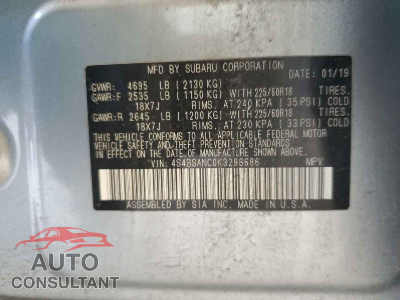 SUBARU OUTBACK 2019 - 4S4BSANC0K3298686
