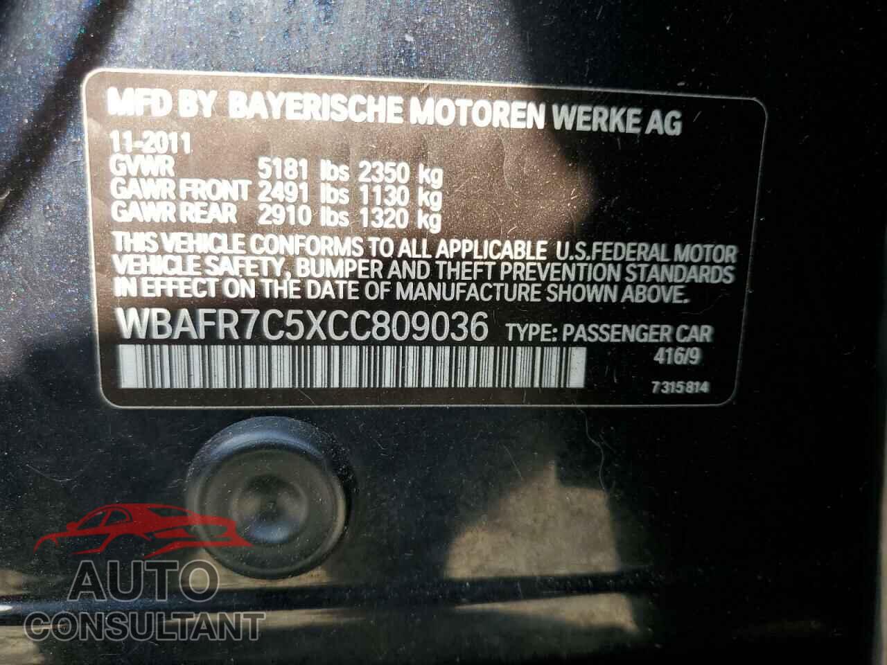 BMW 5 SERIES 2012 - WBAFR7C5XCC809036