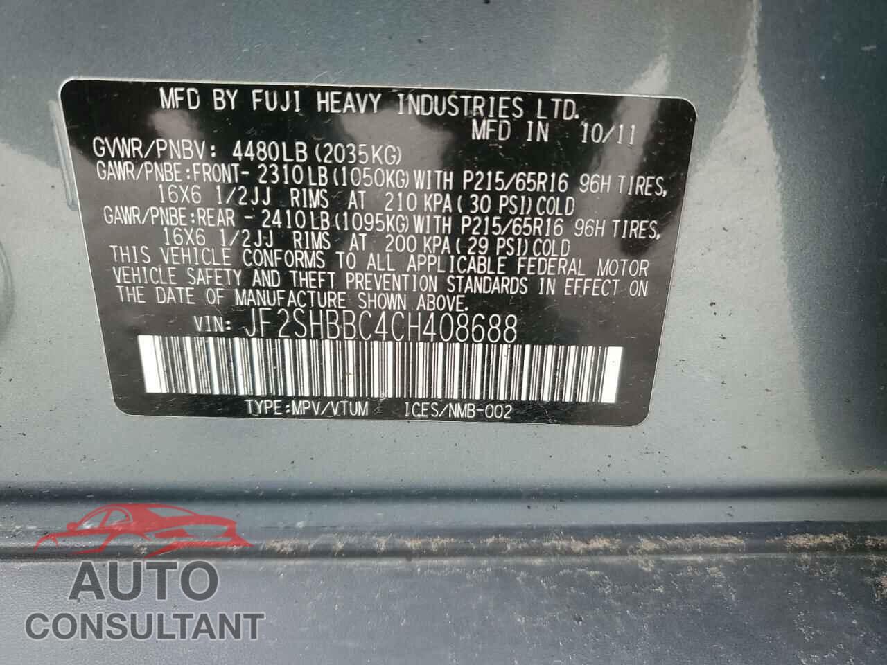 SUBARU FORESTER 2012 - JF2SHBBC4CH408688