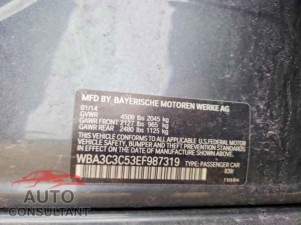 BMW 3 SERIES 2014 - WBA3C3C53EF987319