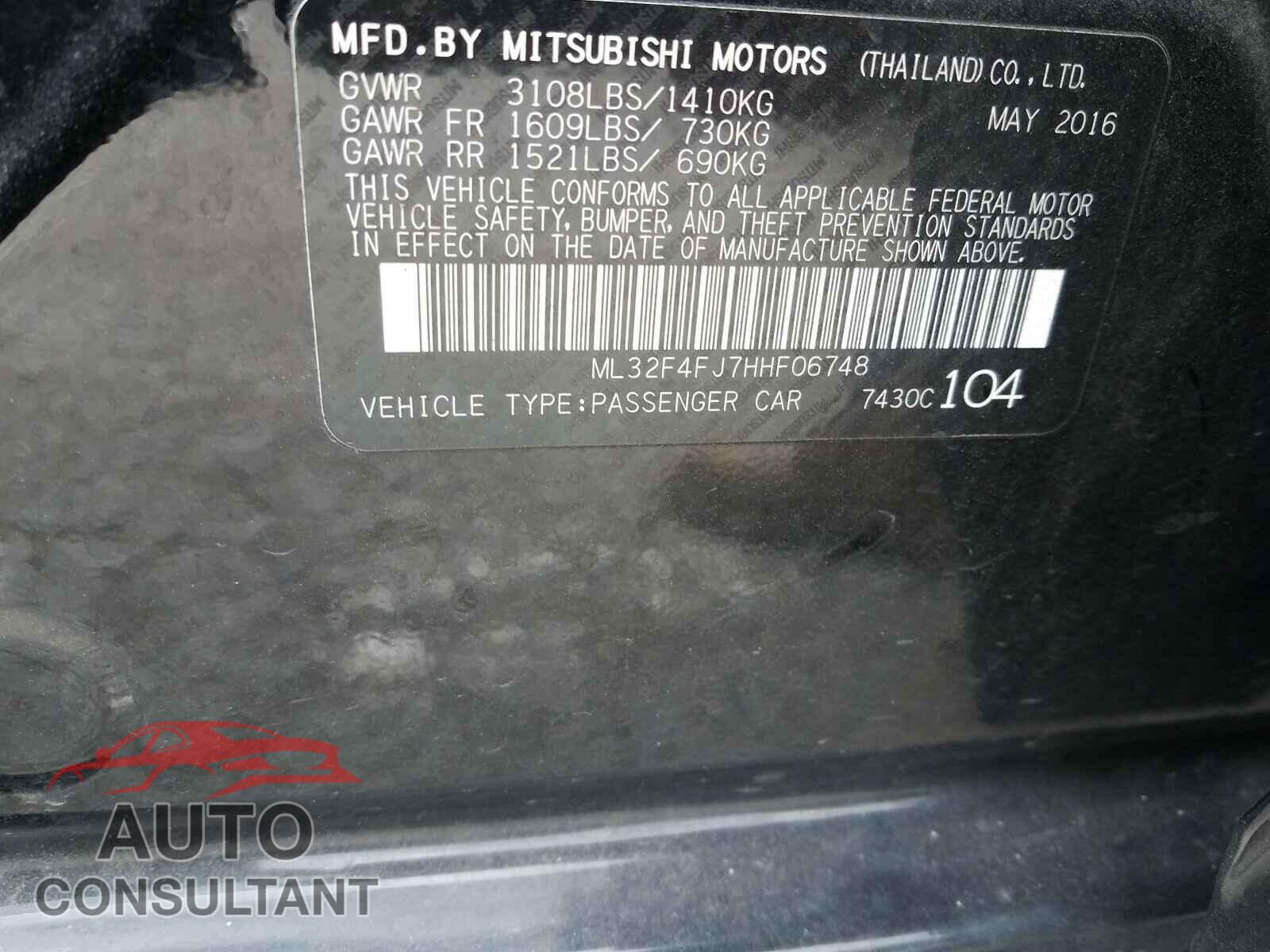 MITSUBISHI MIRAGE 2017 - ML32F4FJ7HHF06748