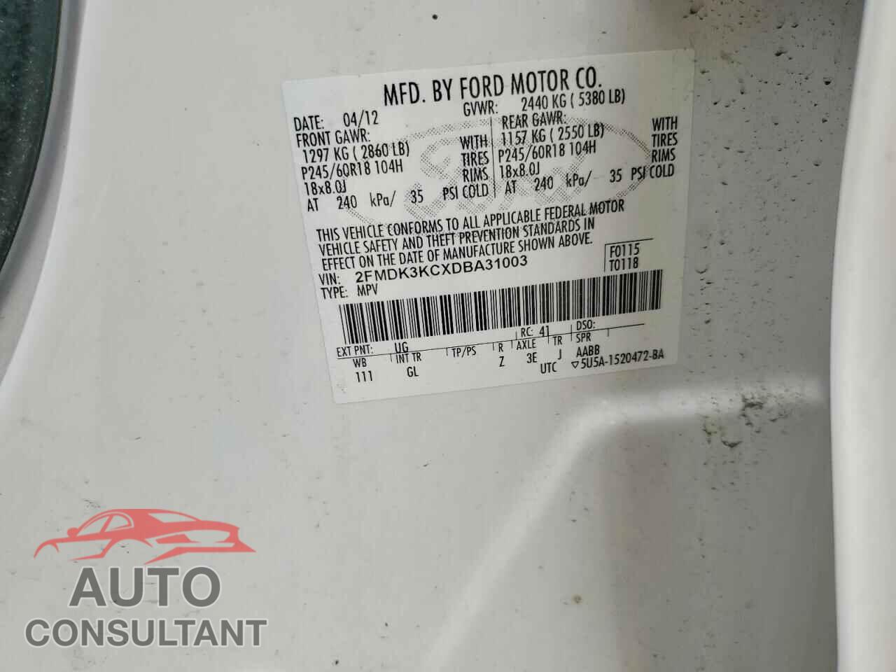 FORD EDGE 2013 - 2FMDK3KCXDBA31003