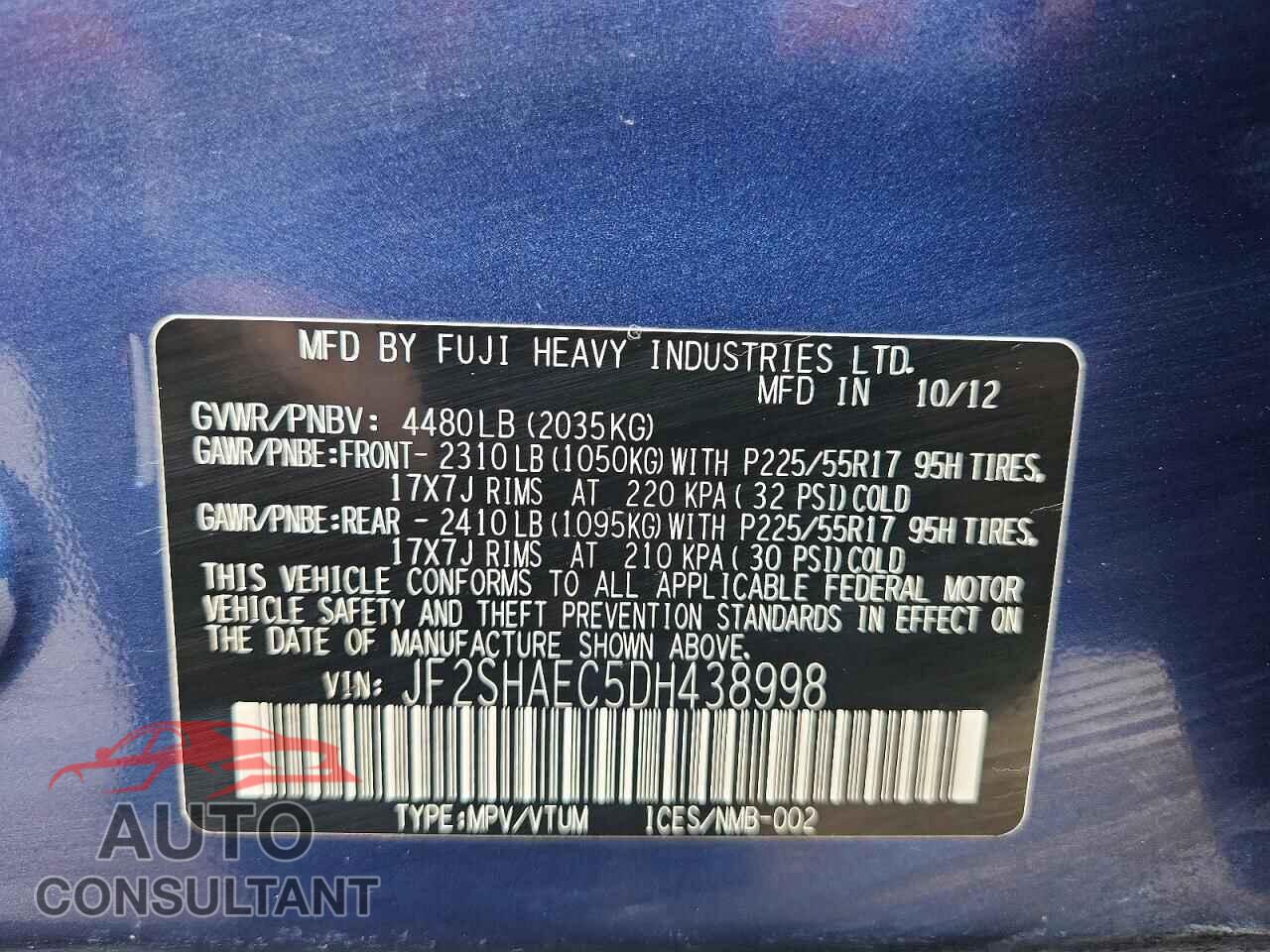 SUBARU FORESTER 2013 - JF2SHAEC5DH438998