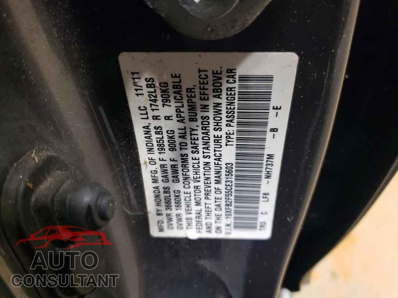 HONDA CIVIC 2012 - 19XFB2F55CE315603