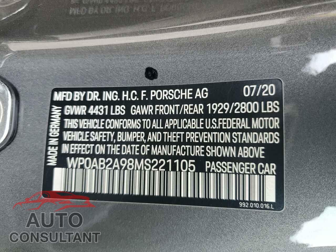 PORSCHE 911 2021 - WP0AB2A98MS221105
