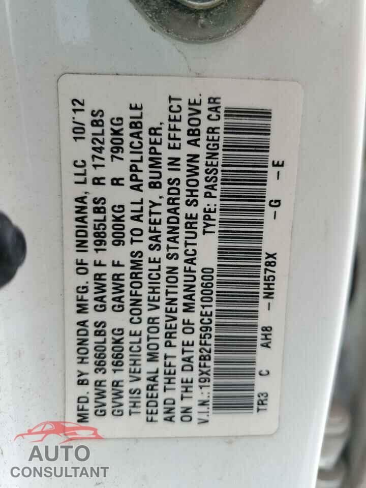 HONDA CIVIC 2012 - 19XFB2F59CE100600