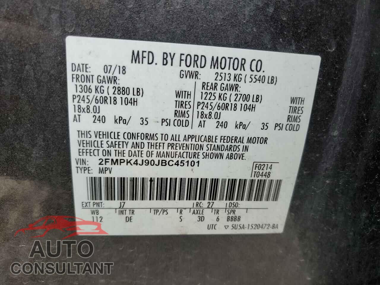 FORD EDGE 2018 - 2FMPK4J90JBC45101